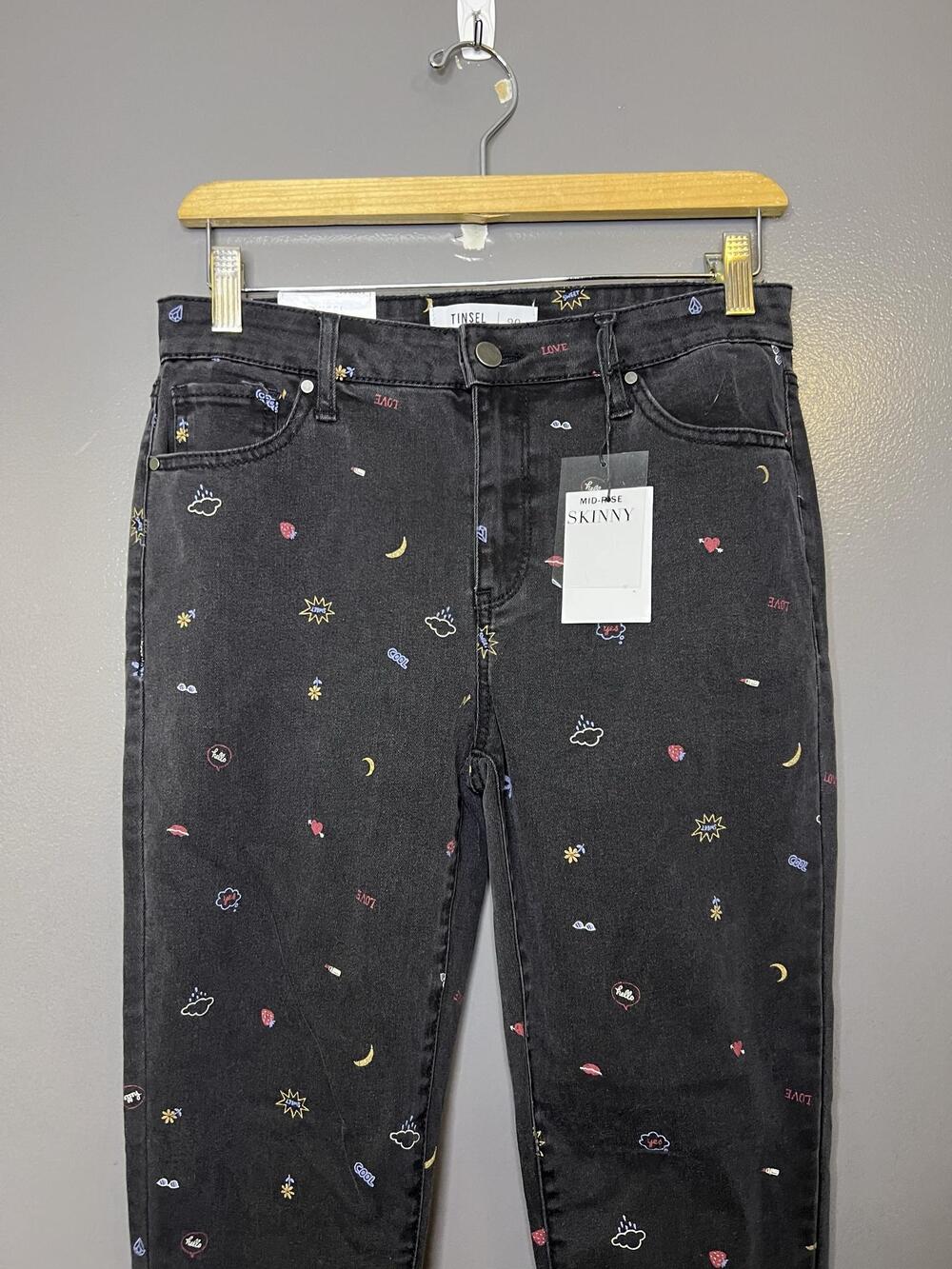 Tinsel Mid Rise Skinny Jeans Womens 29 Charcoal Black Graphic Print Denim